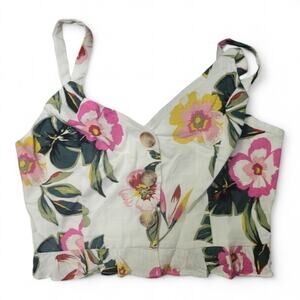 Cropped Tropical Tank Top Size Medium Cream Pink Beach Hawaiian NWT